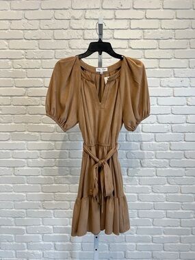 Willa Story Faux Suede Dress in Beige - Tan Tie-Waist Puff Sleeve Mini Dress